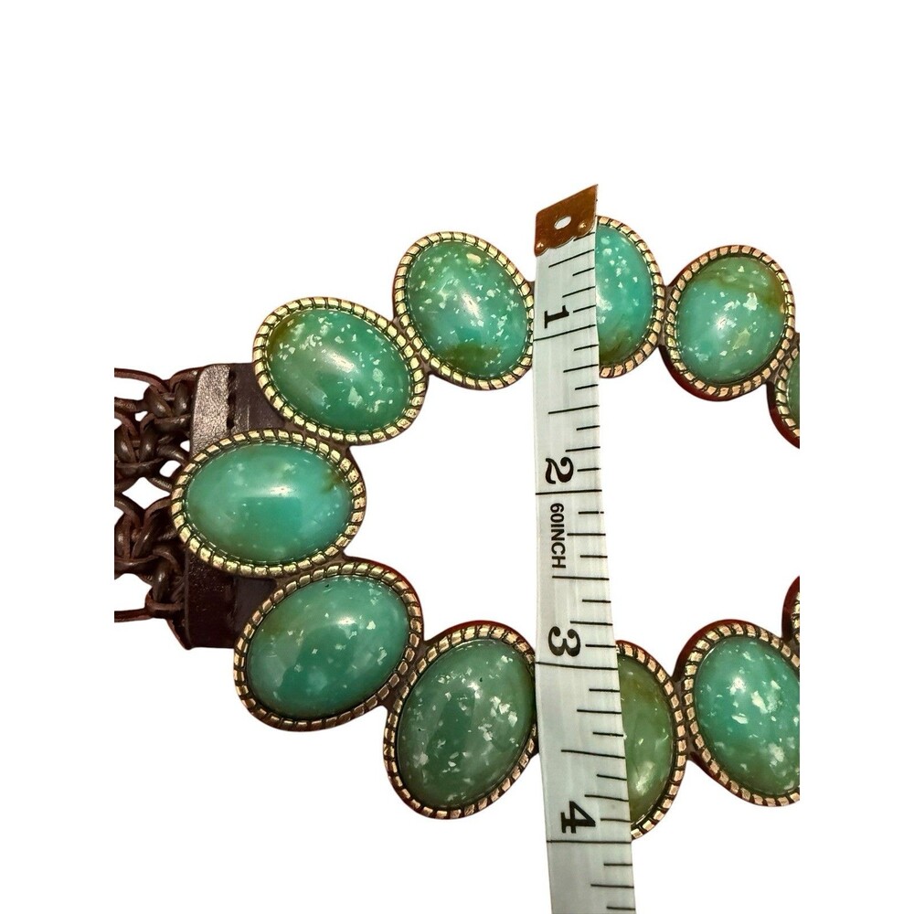 Boho Faux Turquoise Stone Statement Belt Brown Woven Leather Wide Western Belt - Picture 7 of 9